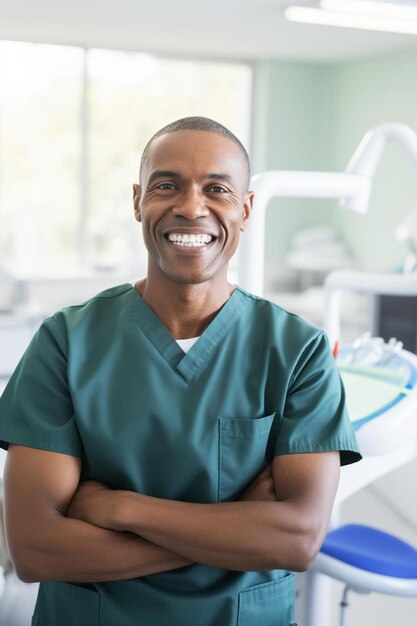 a smiling man with a green uniform smiling at the camera