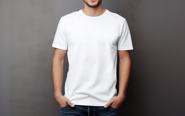 Smiling Man with Hands in Pocket and White Mockup Tshirt