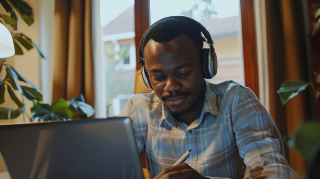 Smiling man with headphones intensely focused while working at his laptop at home