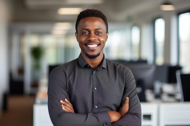 a smiling man with his arms crossed in front of a large office