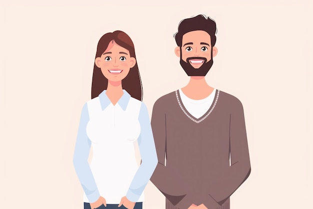 Smiling man and woman in office clothes standing side by side on flat background with copy space Job application banner