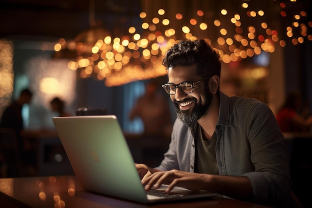 Smiling man working on laptop working with laptop with Generative AI