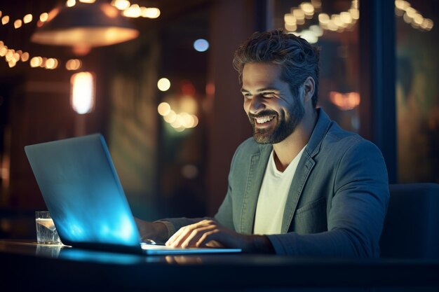 smiling man working on laptop working with laptop with generative ai