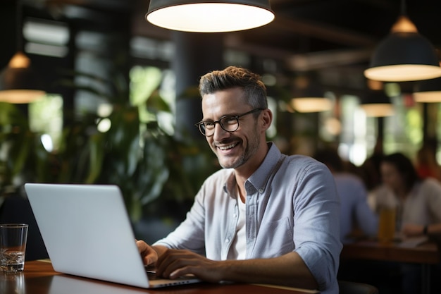 Smiling man working on laptop working with laptop with Generative AI