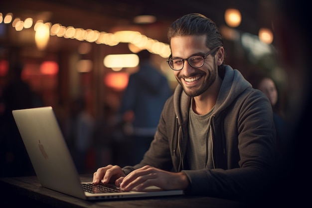 Smiling man working on laptop working with laptop with Generative AI