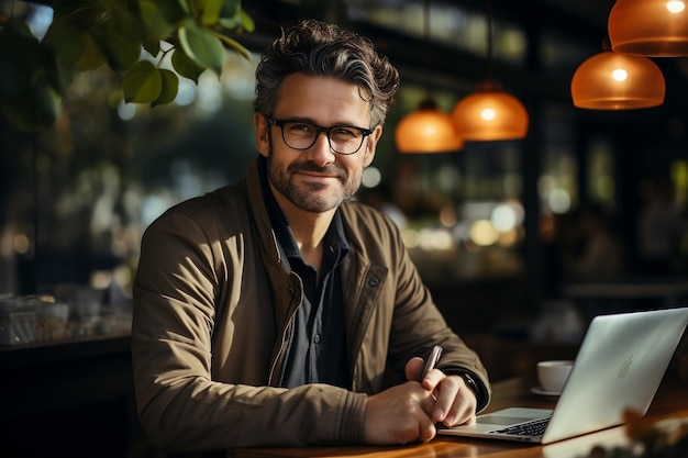 Smiling Man Working with Laptop and Headphones AI