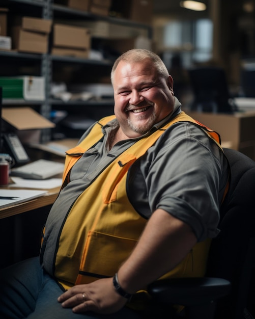 a smiling man in a yellow vest sitting at a desk