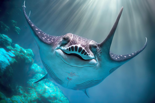 Smiling manta ray floating in water under rays of sun