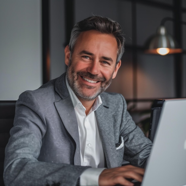 Smiling mature adult business man executive sitting at desk using laptop Happy busy professional