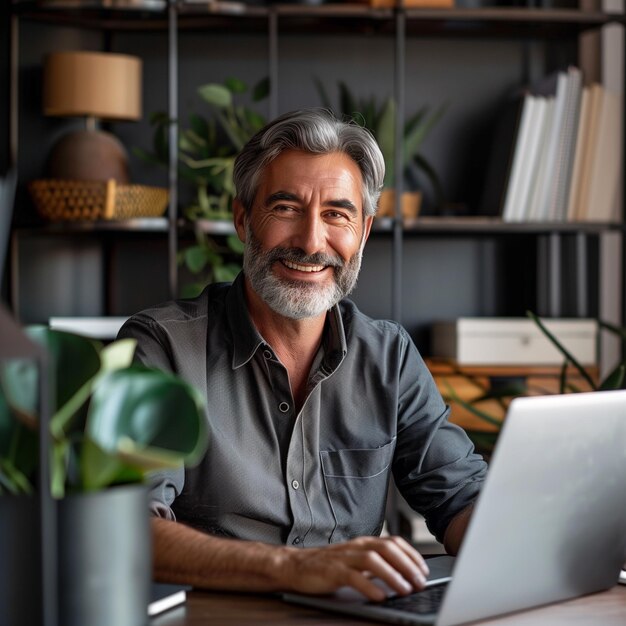 Smiling mature adult business man executive sitting at desk using laptop Happy busy professional