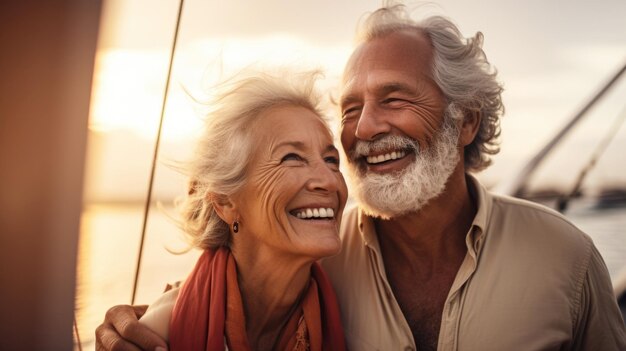 Smiling mature caucasian couple enjoying leisure sailboat ride in summer