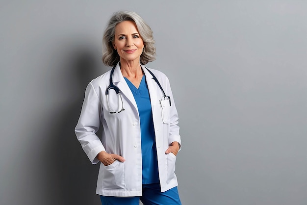 Smiling mature female physician with hands in pockets standing against wall with shadow