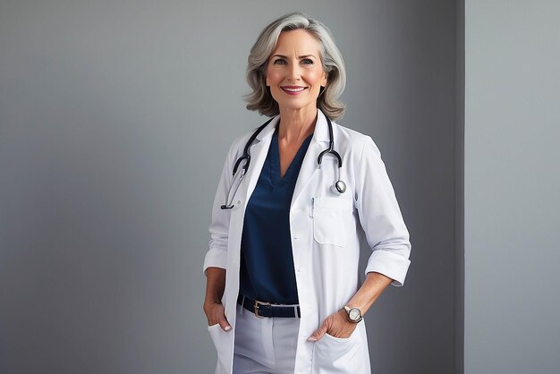 Улыбающаяся зрелая женщина-лекарь с руками в карманах стоит у стены в тени