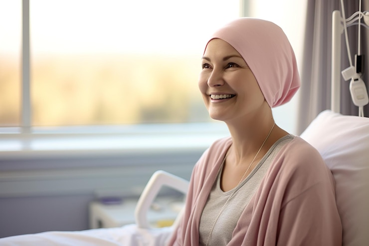 Photo smiling mature ill female breast cancer patient in bed at the hospital generative ai