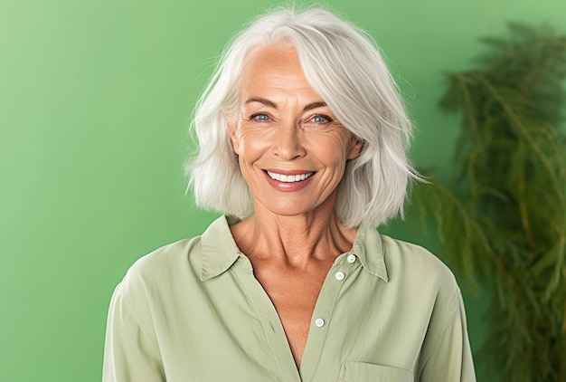 Фото Улыбающаяся зрелая леди грациозно позирует на пышном зеленом фоне в рекламном объявлении bestage product ai generat
