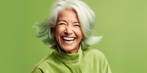 Photo smiling mature lady poses gracefully against a lush green backdrop in bestage product ad ai generat