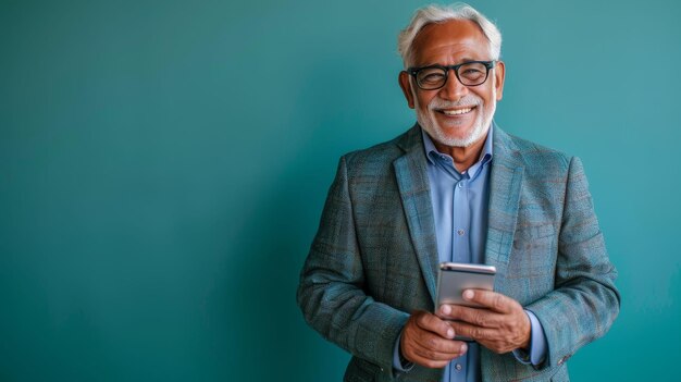 Smiling mature Latin or Indian businessman holding the phone High quality photo