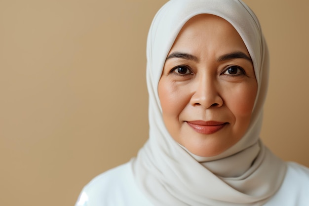 Smiling mature Malay woman in hijab with copy space