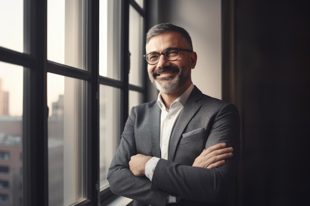 A smiling mature man with arms folded in suit near a window in an office Generative AI AIG21