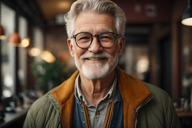 Smiling mature man with glasses and stylish grey hair in a cozy cafe setting AI