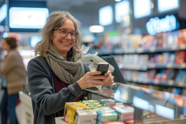 Smiling mature woman making payment through smart phone at checkout counter in electronics store