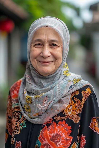Foto donna matura sorridente indossa l'hijab con una sciarpa sulla testa