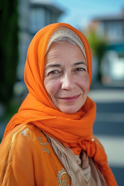 笑顔の成熟した女性が頭にスカーフをかぶってヒジャブを着る