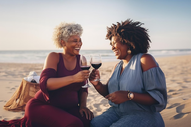 Smiling Mature Women Enjoy Wine on the Beach