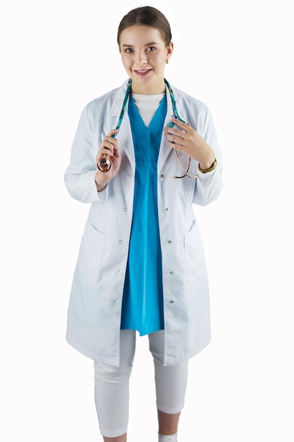 Smiling medical doctor woman with stethoscope Isolated over white background