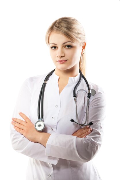 Smiling medical doctor woman with stethoscope Isolated over white background