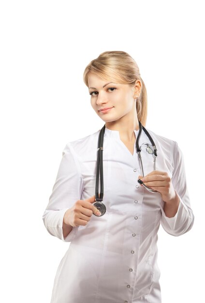 Smiling medical doctor woman with stethoscope Isolated over white background