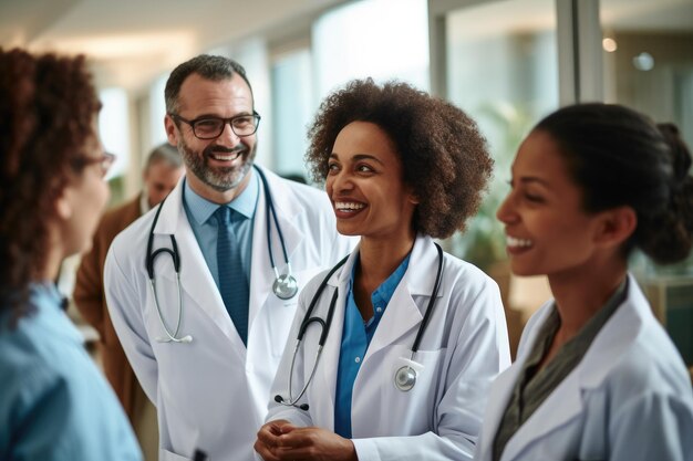 Smiling medical doctors with stethoscopes standing in a row A group of happy doctors meeting at the hospital office AI Generated