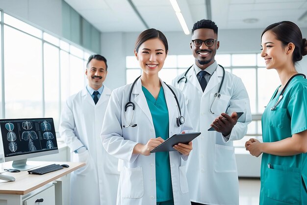 Photo smiling medical professionals in a hospital environment generative ai