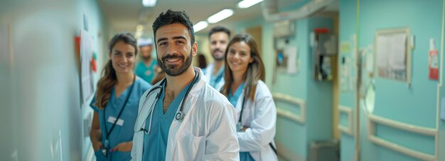 Smiling medical team in hospital hallway professional group portrait