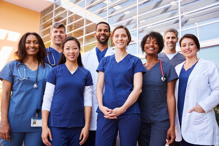 Photo smiling medical team standing together outside a hospital