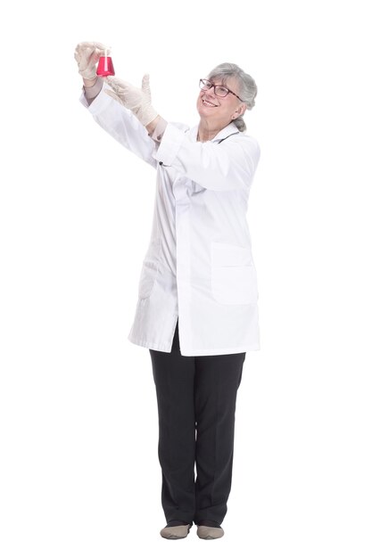 Smiling medical woman with a laboratory flask in her hands