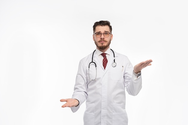 Smiling medical worker in white coat and tie