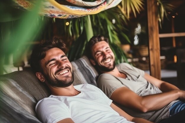 Foto uomini sorridenti che si godono il giorno libero sdraiati sul divano persone con uno stile di vita sano e vacanze