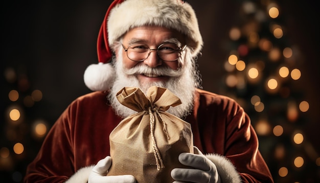 Smiling men hold Christmas presents celebrating winter season with joy generated by artificial intelligence