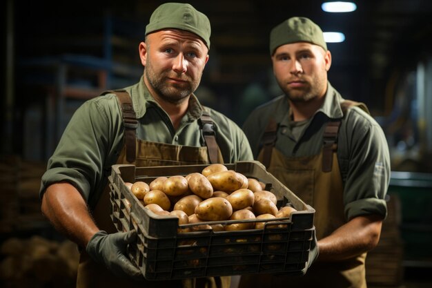 smiling men in uniform holding crates of potatoes at warehouse checking quality harvestman