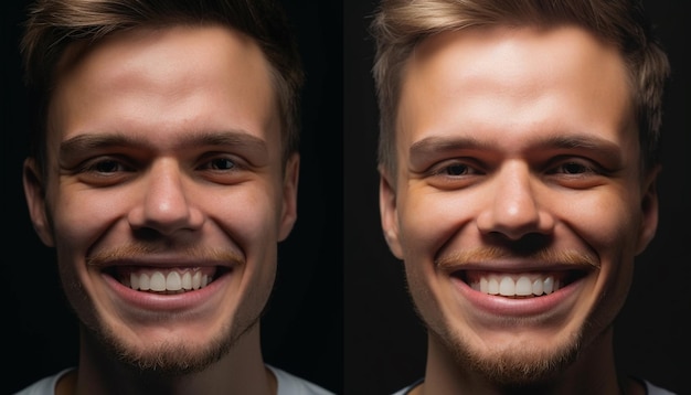 Smiling men with human faces portraits of cheerful Caucasian young adults looking at camera generated by artificial intelligence