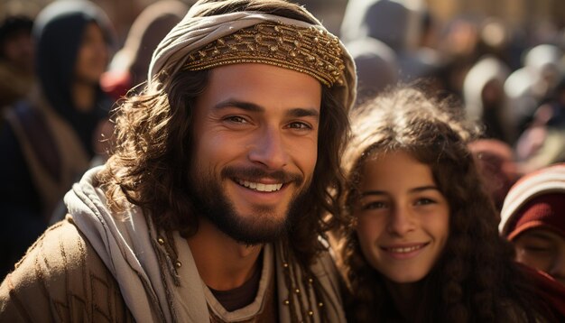 Smiling men and women enjoying traditional festival together generated by AI