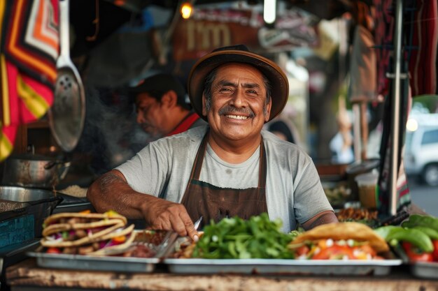 Smiling Mexican Food Vendor at a Street Food Stand | Premium AI