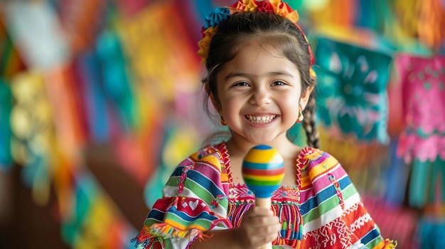 Photo smiling mexican girl dressed in traditional clothing holding maracas cinco de mayo ai generated