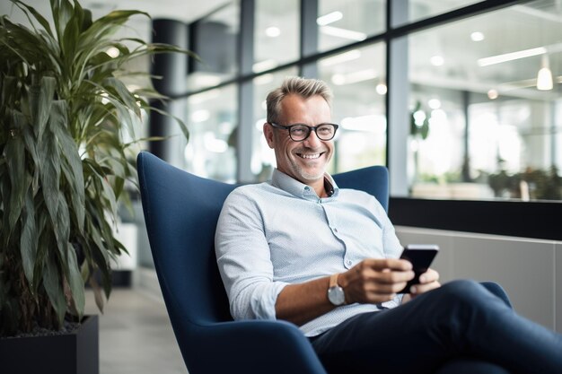 Smiling mid aged business man sitting on chair in modern office space using cell phone services and solutions Mature businessman professional holding mobile working on smartphone technology