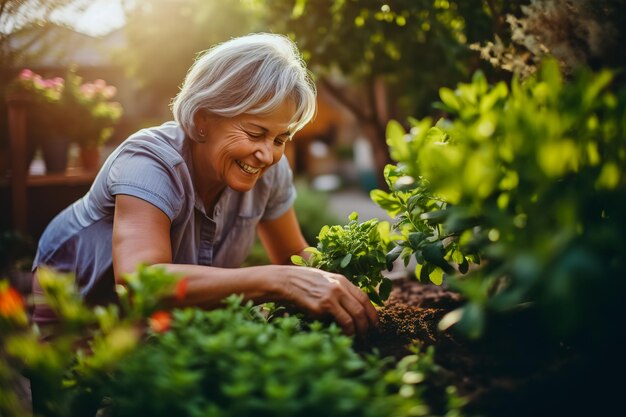 Foto una donna di mezza età sorridente che fa il giardinaggio nel cortile sul retro.