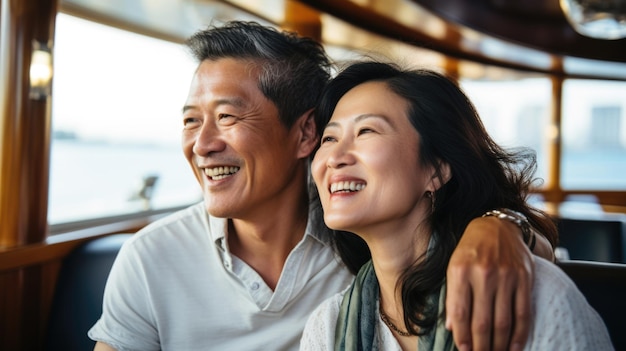 Smiling middle aged asian couple enjoying leisure sailboat ride in summer