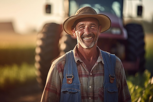 バック グラウンドでトラクターを持つ笑顔の中年の農民と農学者の男性