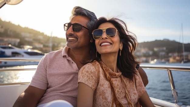 Smiling middle aged indian american couple enjoying sailboat ride in summer