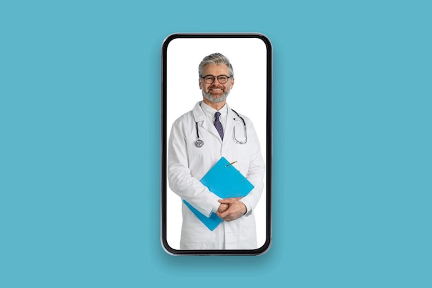 Smiling middle aged man doctor in cell phone screen collage